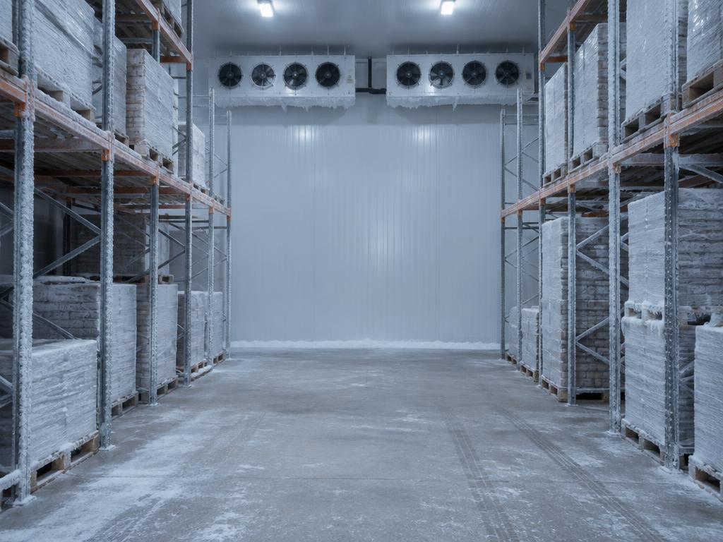 Câmara fria com porta-paletes e evaporadores de refrigeração