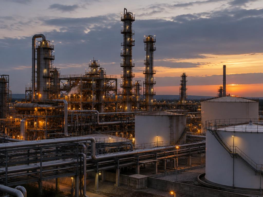 Planta de indústria de processo com torres, tubulações e tanques ao entardecer