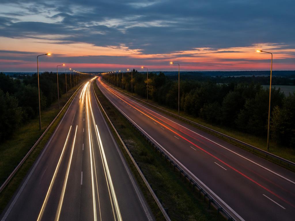 Rodovia ao entardecer com postes de iluminação e rastros de luz