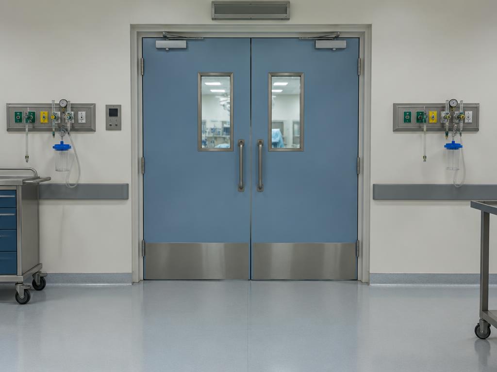 Corredor hospitalar diante das portas fechadas do centro cirúrgico